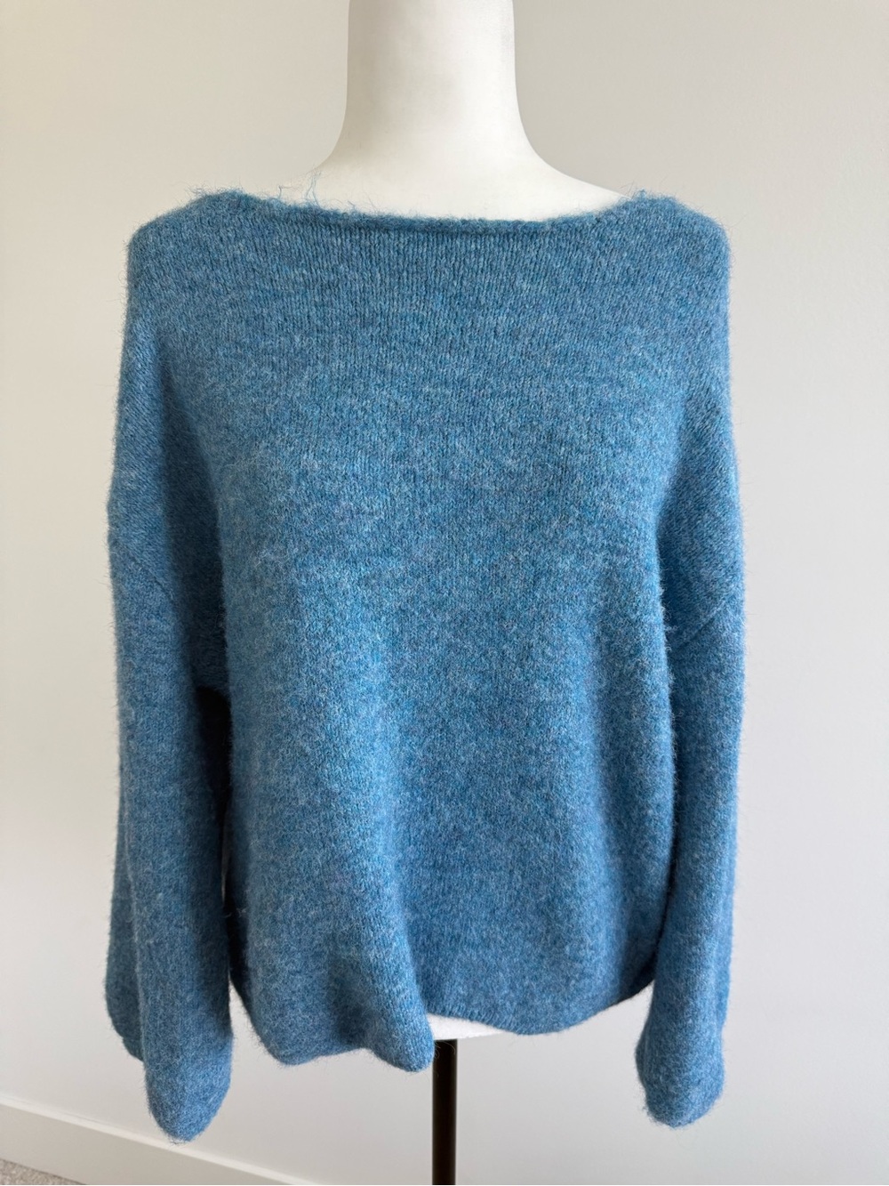 Boatneck Fuzzy Knit Sweater in Dusty Blue
